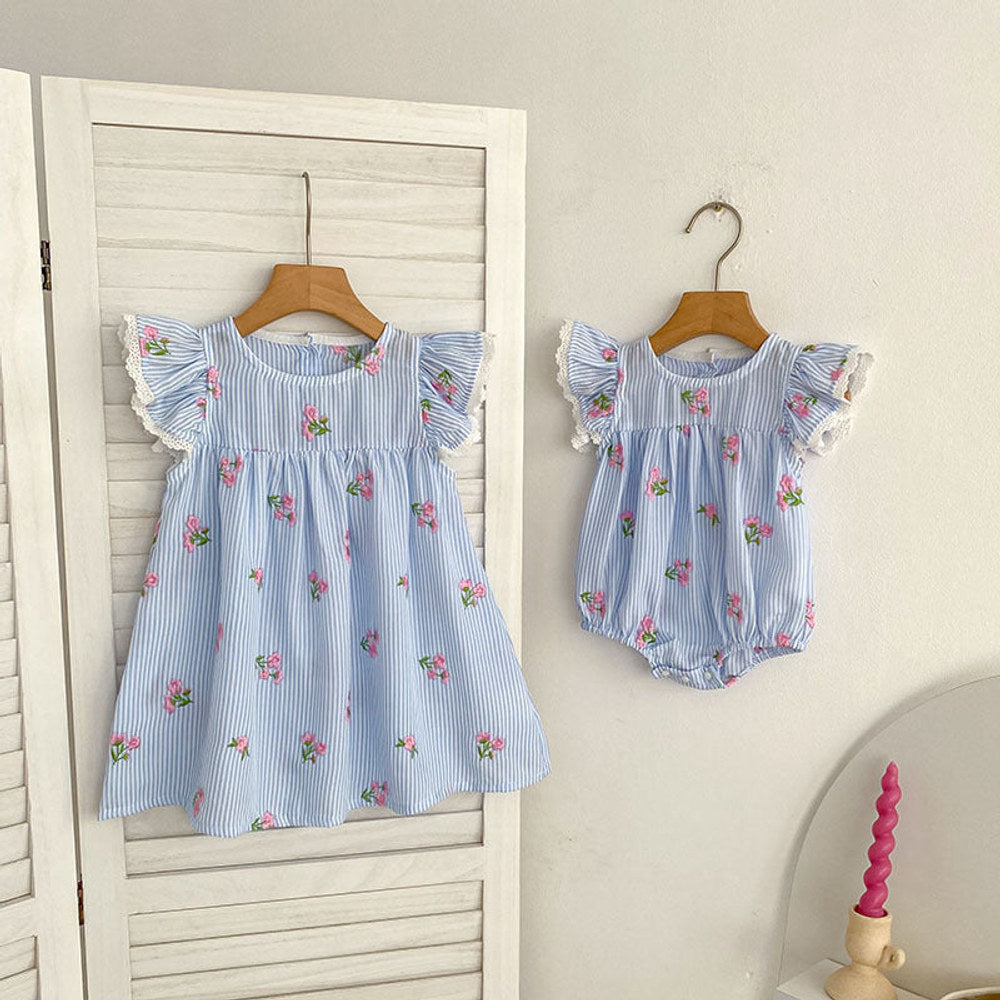 MyKids-USA® Girls Simple Flowers and Striped Pattern Crew Neck Onesies and Dress – Princess Sister Matching Set