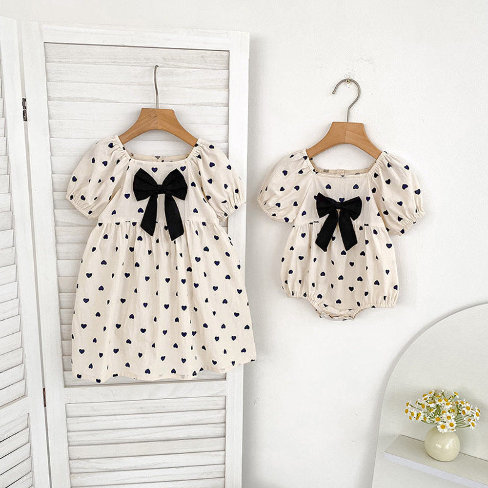 MyKids-USA® Girls Cute Hearts Pattern Square Neck Onesies and Dress – Princess Sister Matching Set