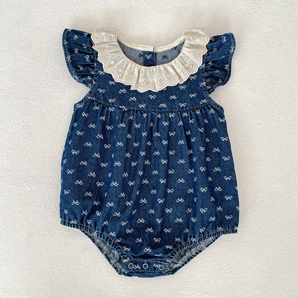 MyKids-USA® Girls Cute Denim Butterfly-bows Pattern Onesies and Dress – Princess Sister Matching Set