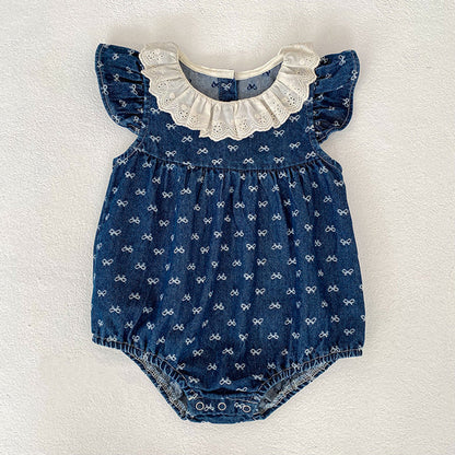 MyKids-USA® Girls Cute Denim Butterfly-bows Pattern Onesies and Dress – Princess Sister Matching Set