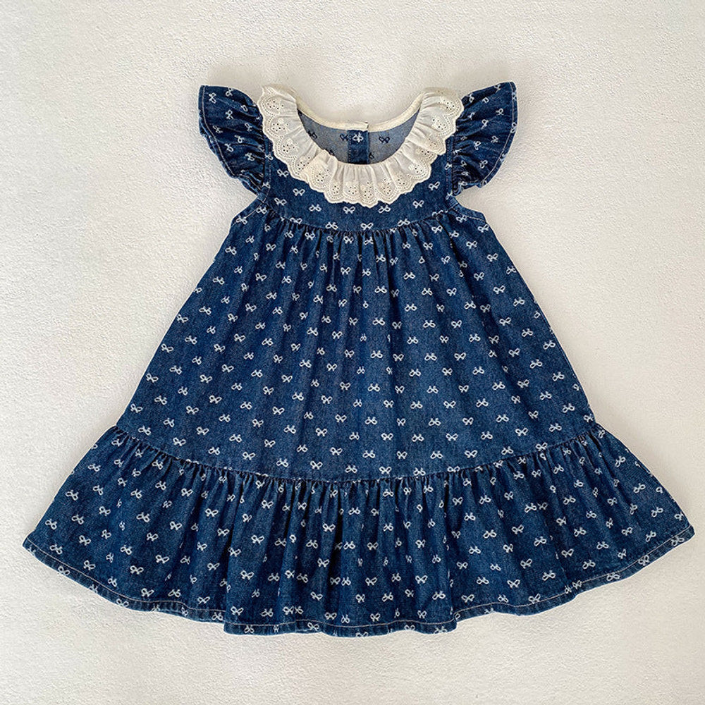 MyKids-USA® Girls Cute Denim Butterfly-bows Pattern Onesies and Dress – Princess Sister Matching Set
