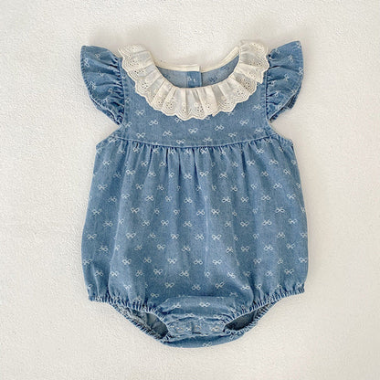 MyKids-USA® Girls Cute Denim Butterfly-bows Pattern Onesies and Dress – Princess Sister Matching Set