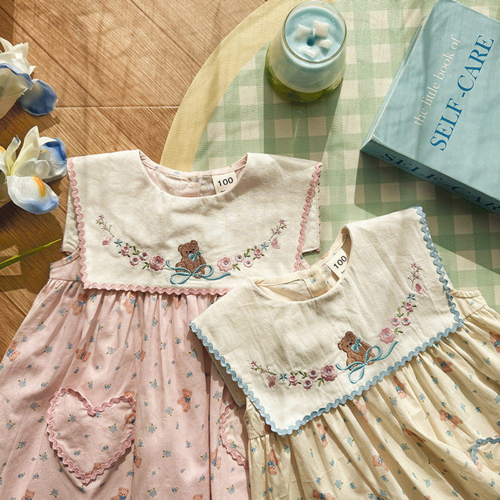 MyKids-USA® Baby Girls Sleeveless Flowers and Teddy Pattern Dress