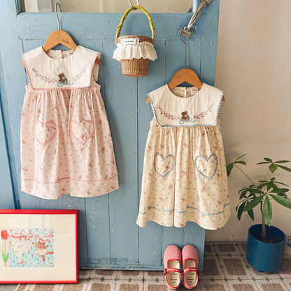 MyKids-USA® Baby Girls Sleeveless Flowers and Teddy Pattern Dress