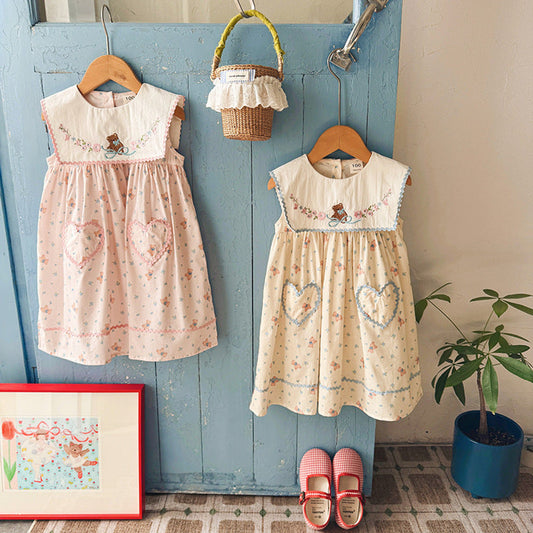 MyKids-USA® Baby Girls Sleeveless Flowers and Teddy Pattern Dress