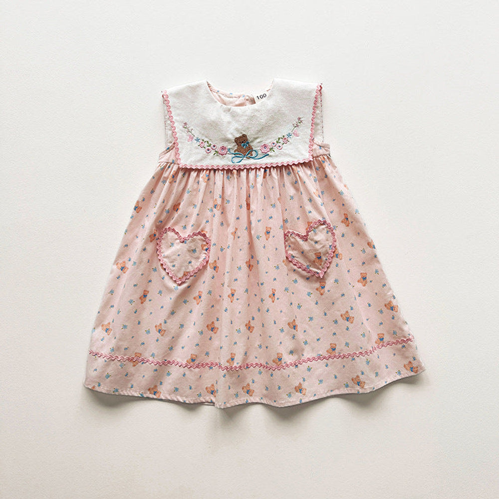 MyKids-USA® Baby Girls Sleeveless Flowers and Teddy Pattern Dress
