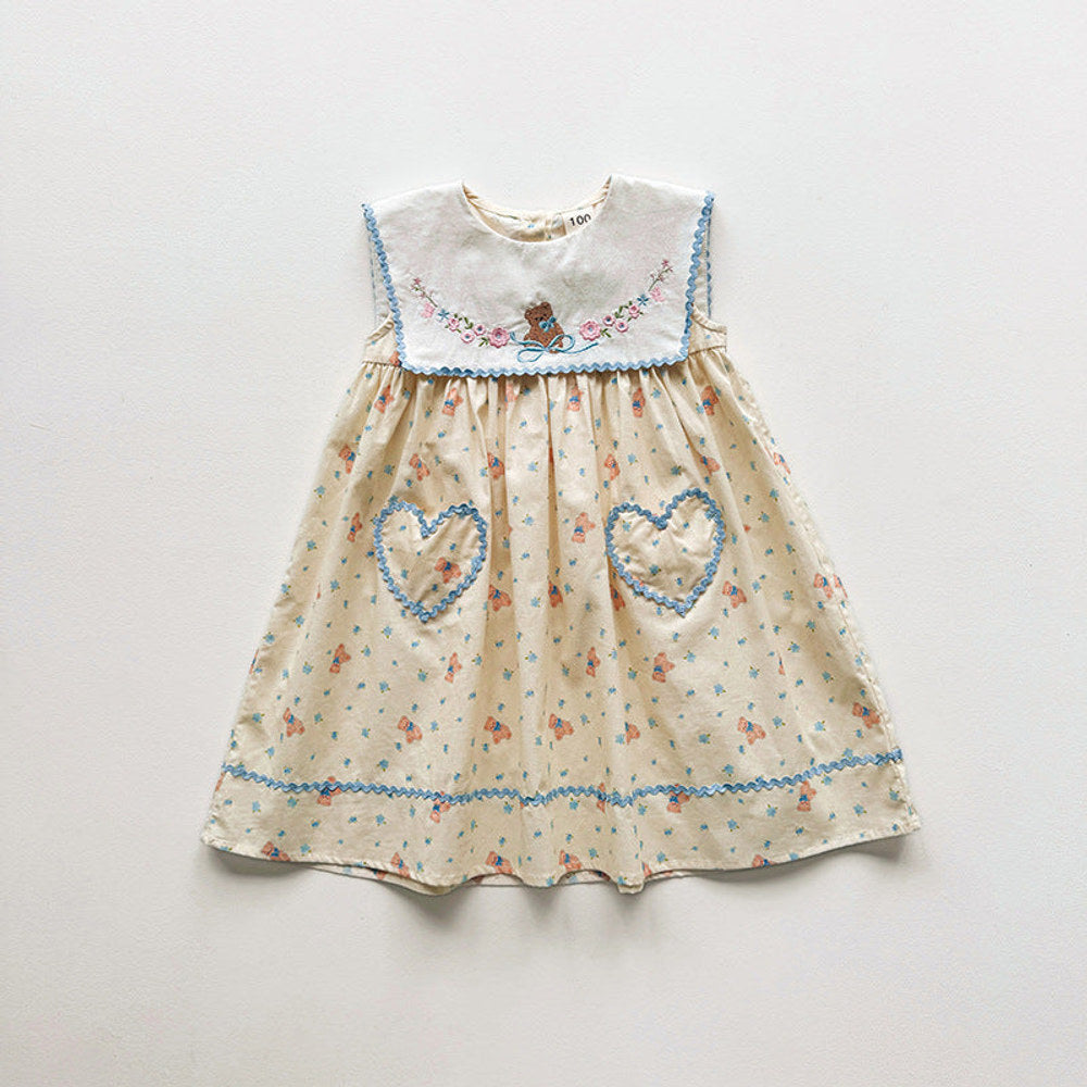 MyKids-USA® Baby Girls Sleeveless Flowers and Teddy Pattern Dress
