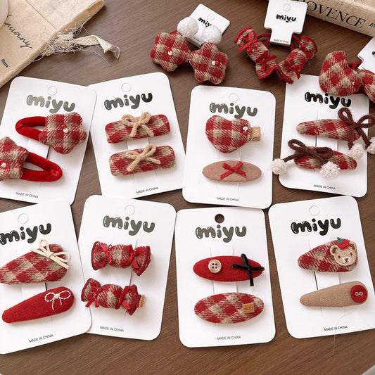 MyKids-USA® Collection of 2 Cute Red Plaid Pattern Hair Clips or Hair Ties