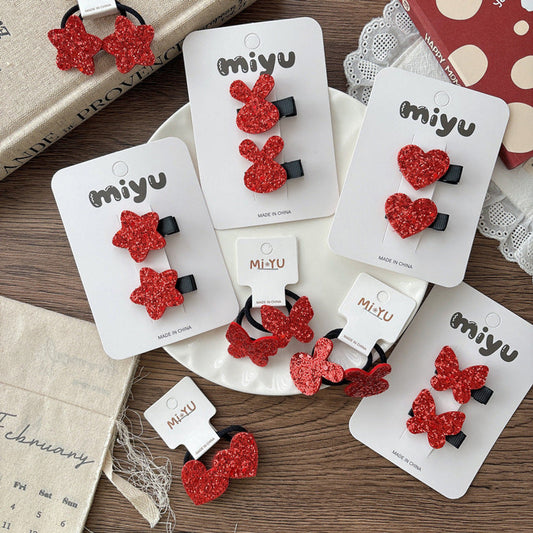 MyKids-USA® Collection of 2 Cute Red Sequins Shape Hair Clips or Hair Ties