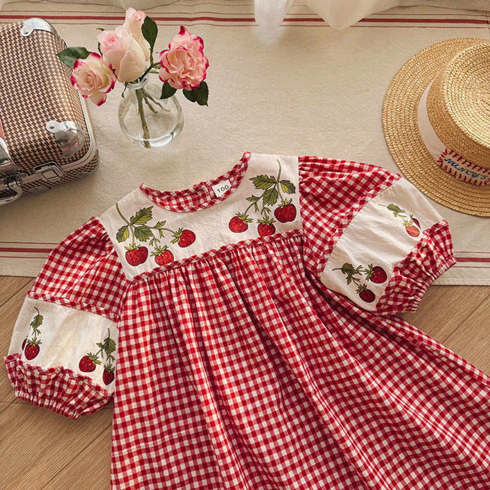 Summer Arrival Baby Girls Short Sleeves Fruits Pattern Color Patchwork Dress