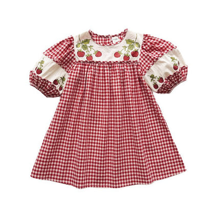 Summer Arrival Baby Girls Short Sleeves Fruits Pattern Color Patchwork Dress