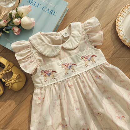 Summer Arrival Baby Girls Fly Sleeves Horse Pattern Peter Pan Collar Dress