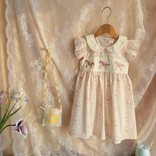 MyKids-USA® Baby Girls Fly Sleeves Horse Pattern Peter Pan Collar Dress