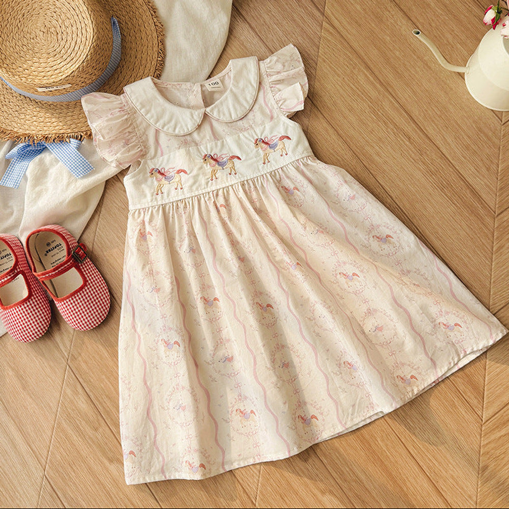 Summer Arrival Baby Girls Fly Sleeves Horse Pattern Peter Pan Collar Dress