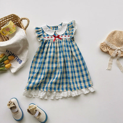 Summer Arrival Baby Girls Fly Sleeves Plaid Pattern Peter Pan Collar Dress