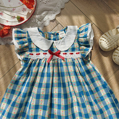 Summer Arrival Baby Girls Fly Sleeves Plaid Pattern Peter Pan Collar Dress