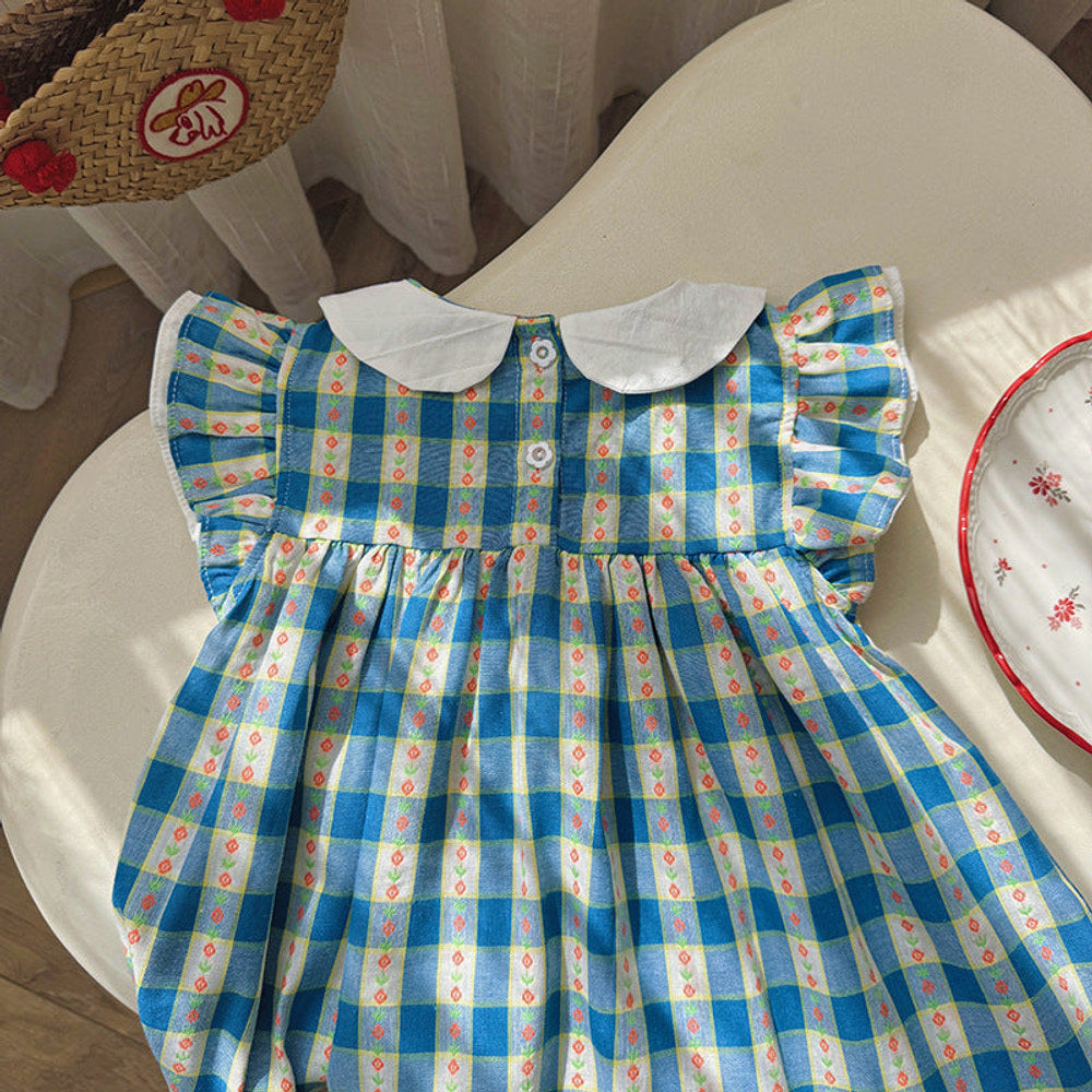 Summer Arrival Baby Girls Fly Sleeves Plaid Pattern Peter Pan Collar Dress