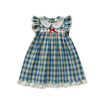 Summer Arrival Baby Girls Fly Sleeves Plaid Pattern Peter Pan Collar Dress