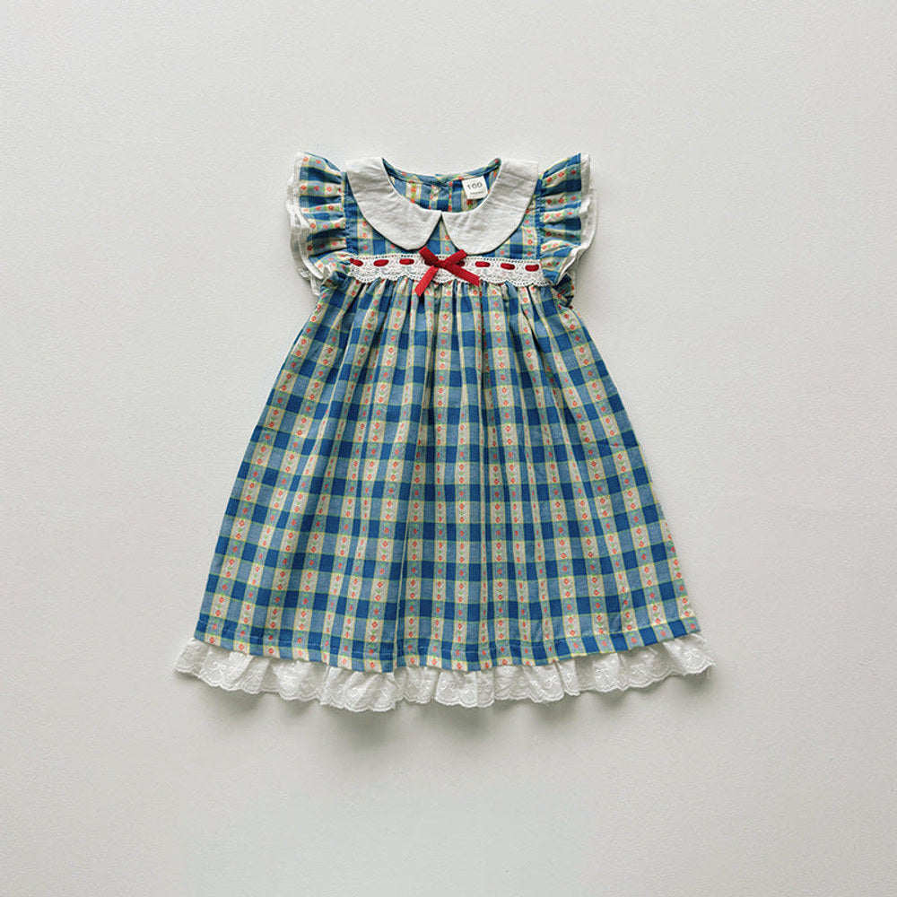 Summer Arrival Baby Girls Fly Sleeves Plaid Pattern Peter Pan Collar Dress