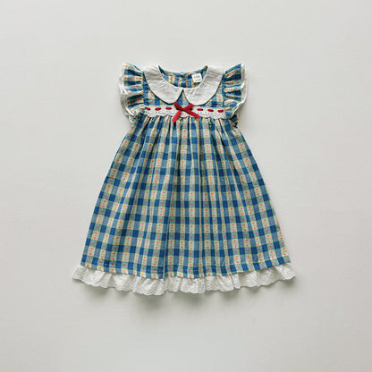 Summer Arrival Baby Girls Fly Sleeves Plaid Pattern Peter Pan Collar Dress