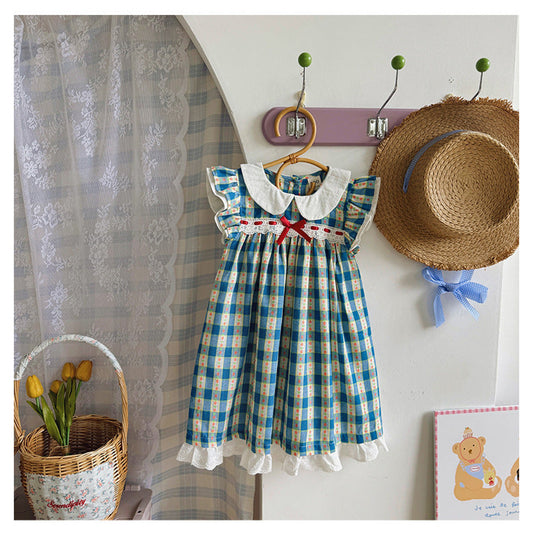 MyKids-USA® Baby Girls Fly Sleeves Plaid Pattern Peter Pan Collar Dress