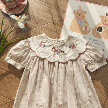 Summer Arrival Baby Girls Short Sleeves Horse Pattern Floral Dress
