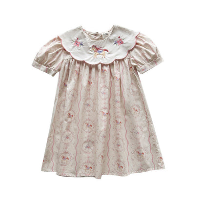 Summer Arrival Baby Girls Short Sleeves Horse Pattern Floral Dress