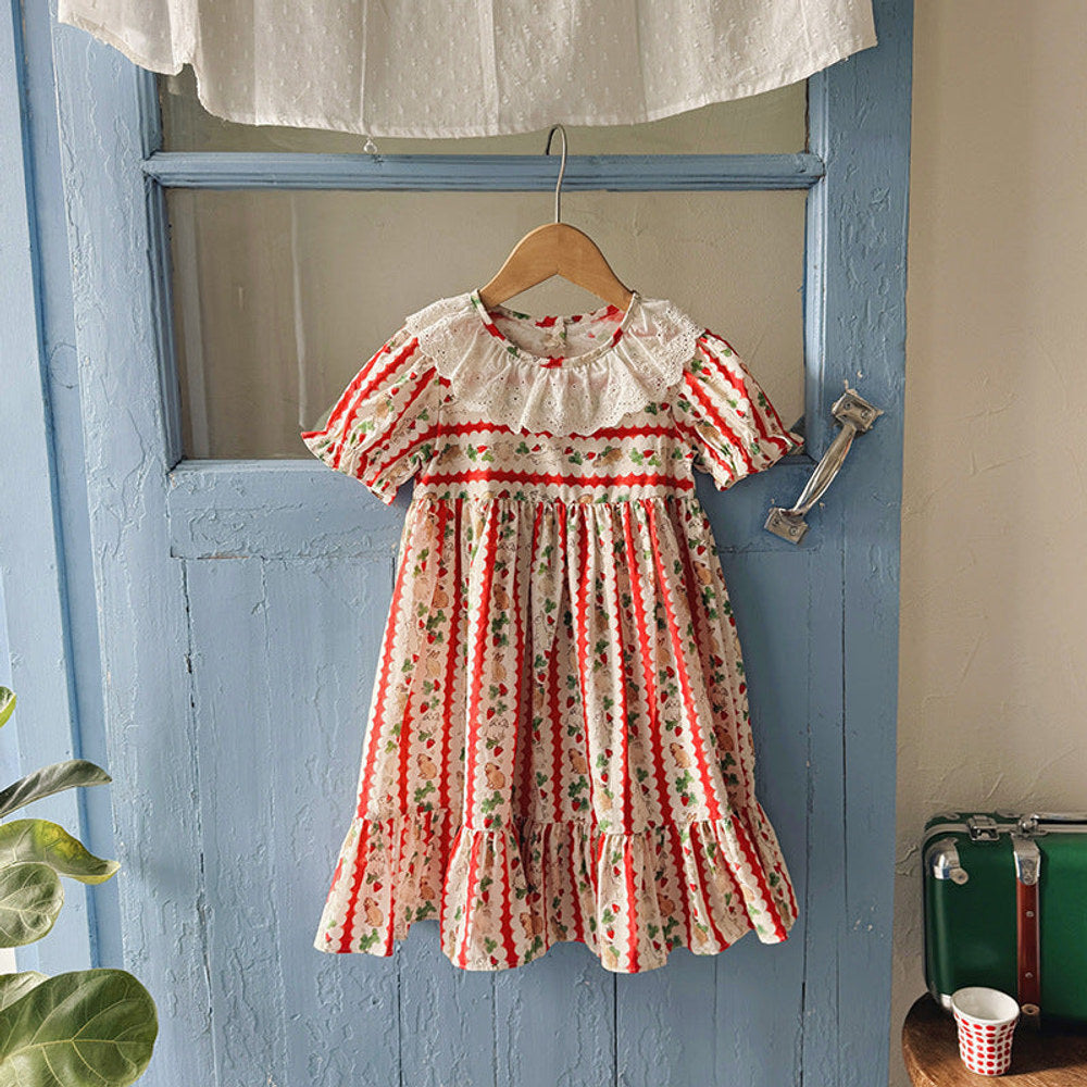 Summer Arrival Baby Girls Short Sleeves Animals and Fruits Cartoon Pattern Dress