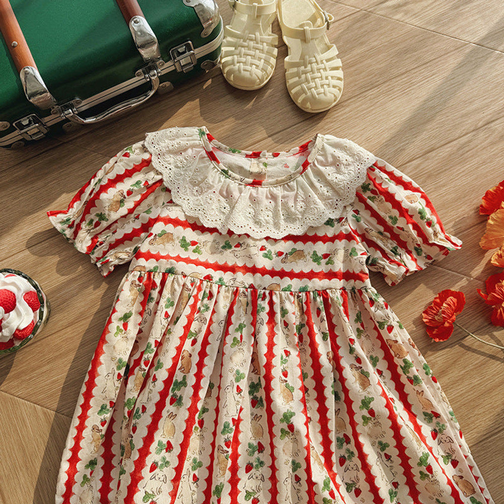 Summer Arrival Baby Girls Short Sleeves Animals and Fruits Cartoon Pattern Dress