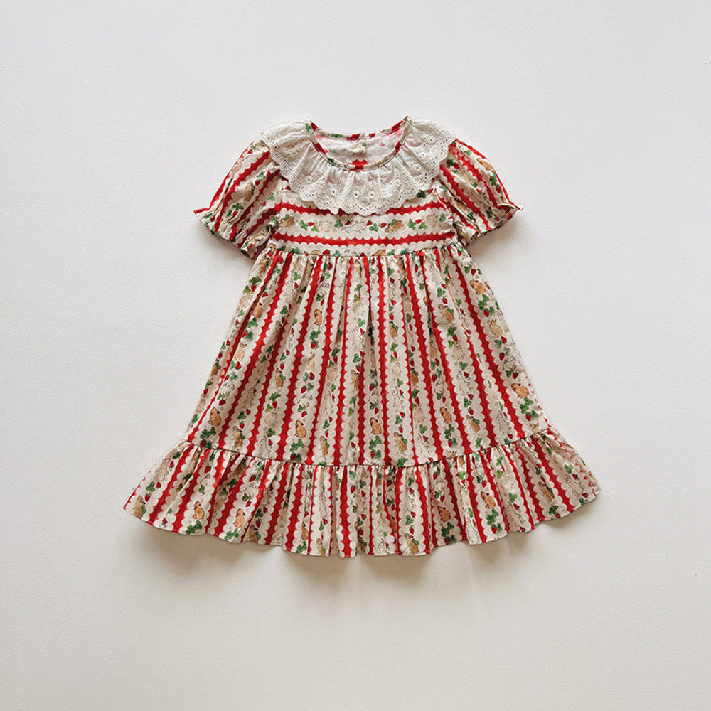 Summer Arrival Baby Girls Short Sleeves Animals and Fruits Cartoon Pattern Dress