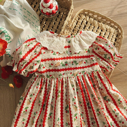 Summer Arrival Baby Girls Short Sleeves Animals and Fruits Cartoon Pattern Dress