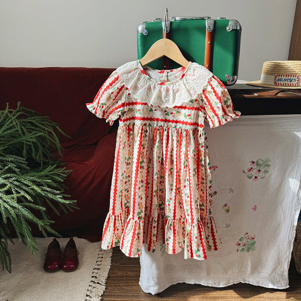 Summer Arrival Baby Girls Short Sleeves Animals and Fruits Cartoon Pattern Dress