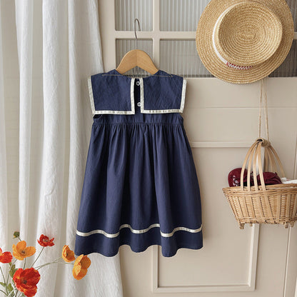 Summer Arrival Baby Girls Sleeveless Horse Pattern Navy Style Dress