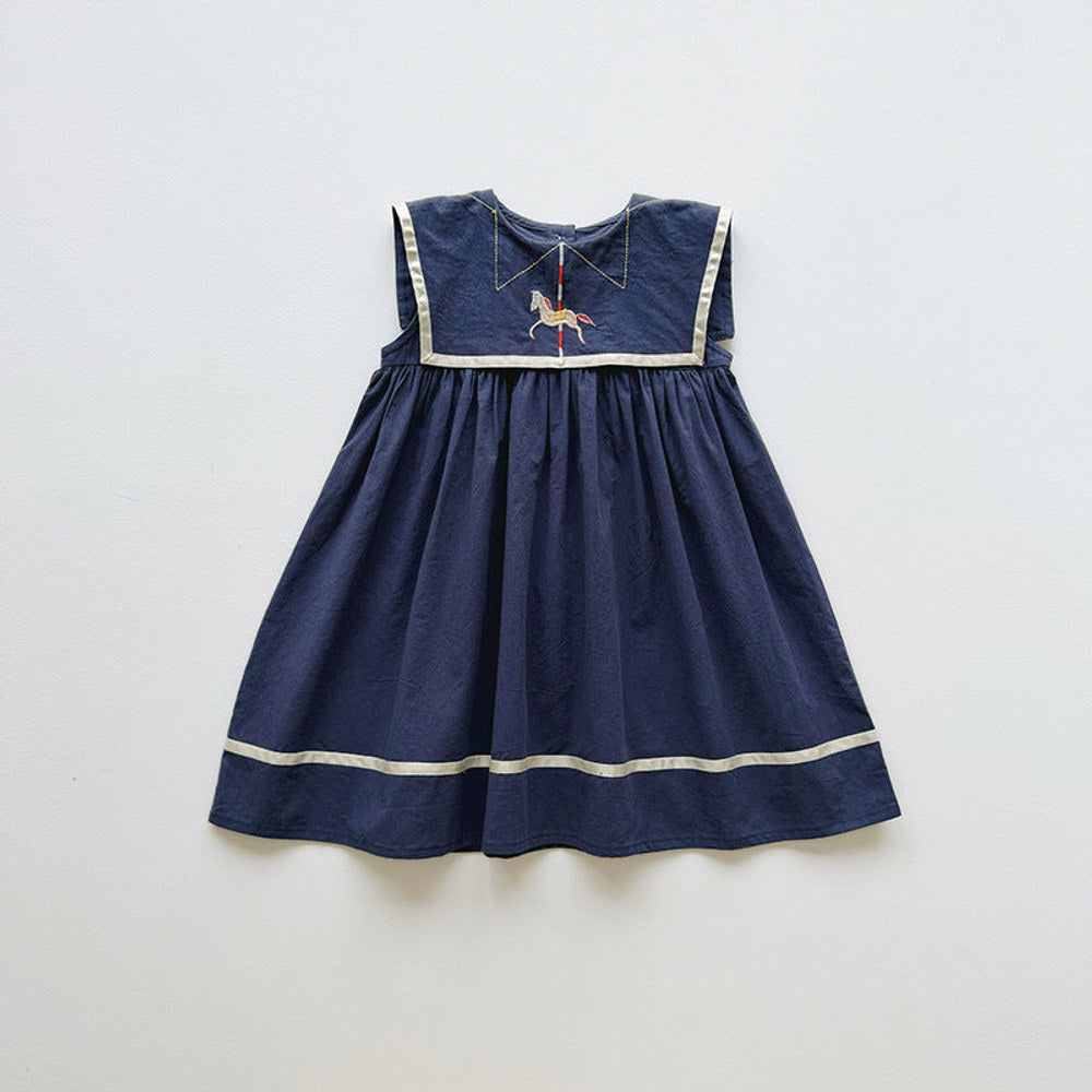 Summer Arrival Baby Girls Sleeveless Horse Pattern Navy Style Dress