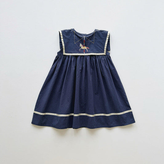 MyKids-USA® Baby Girls Sleeveless Horse Pattern Navy Style Dress