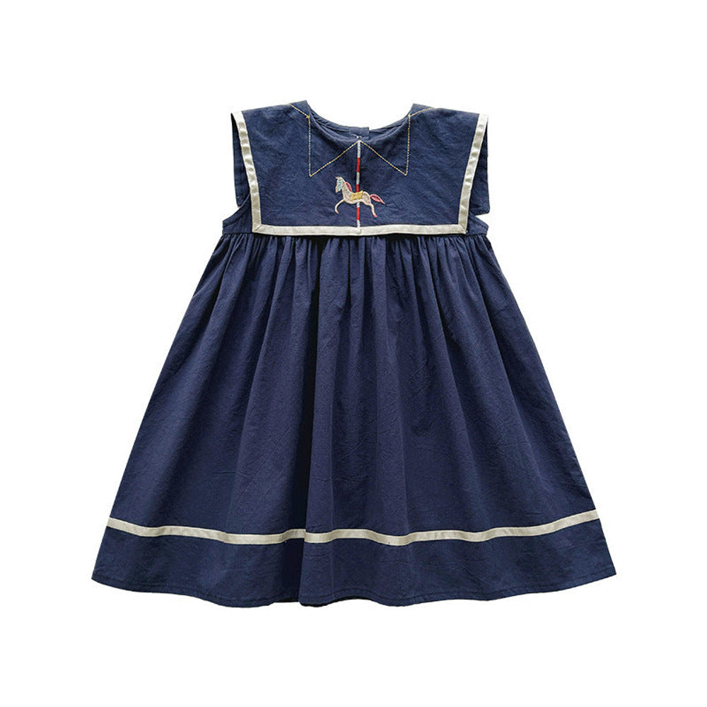 Summer Arrival Baby Girls Sleeveless Horse Pattern Navy Style Dress