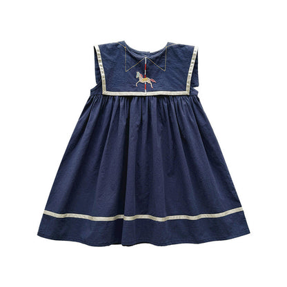 Summer Arrival Baby Girls Sleeveless Horse Pattern Navy Style Dress