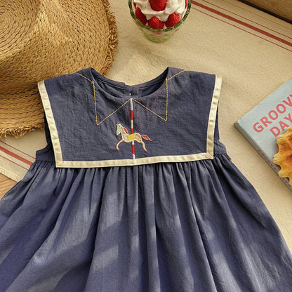 Summer Arrival Baby Girls Sleeveless Horse Pattern Navy Style Dress
