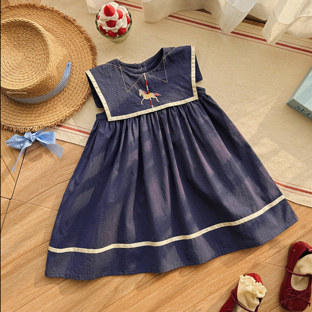 Summer Arrival Baby Girls Sleeveless Horse Pattern Navy Style Dress