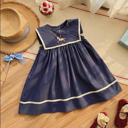 Summer Arrival Baby Girls Sleeveless Horse Pattern Navy Style Dress