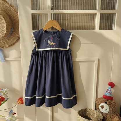 Summer Arrival Baby Girls Sleeveless Horse Pattern Navy Style Dress