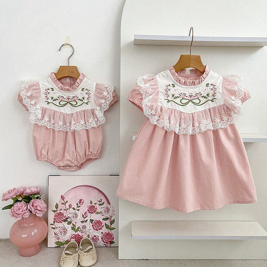 MyKids-USA® Flowers Pattern Baby Kids Girls Onesies and Dress – Princess Sister Matching Set