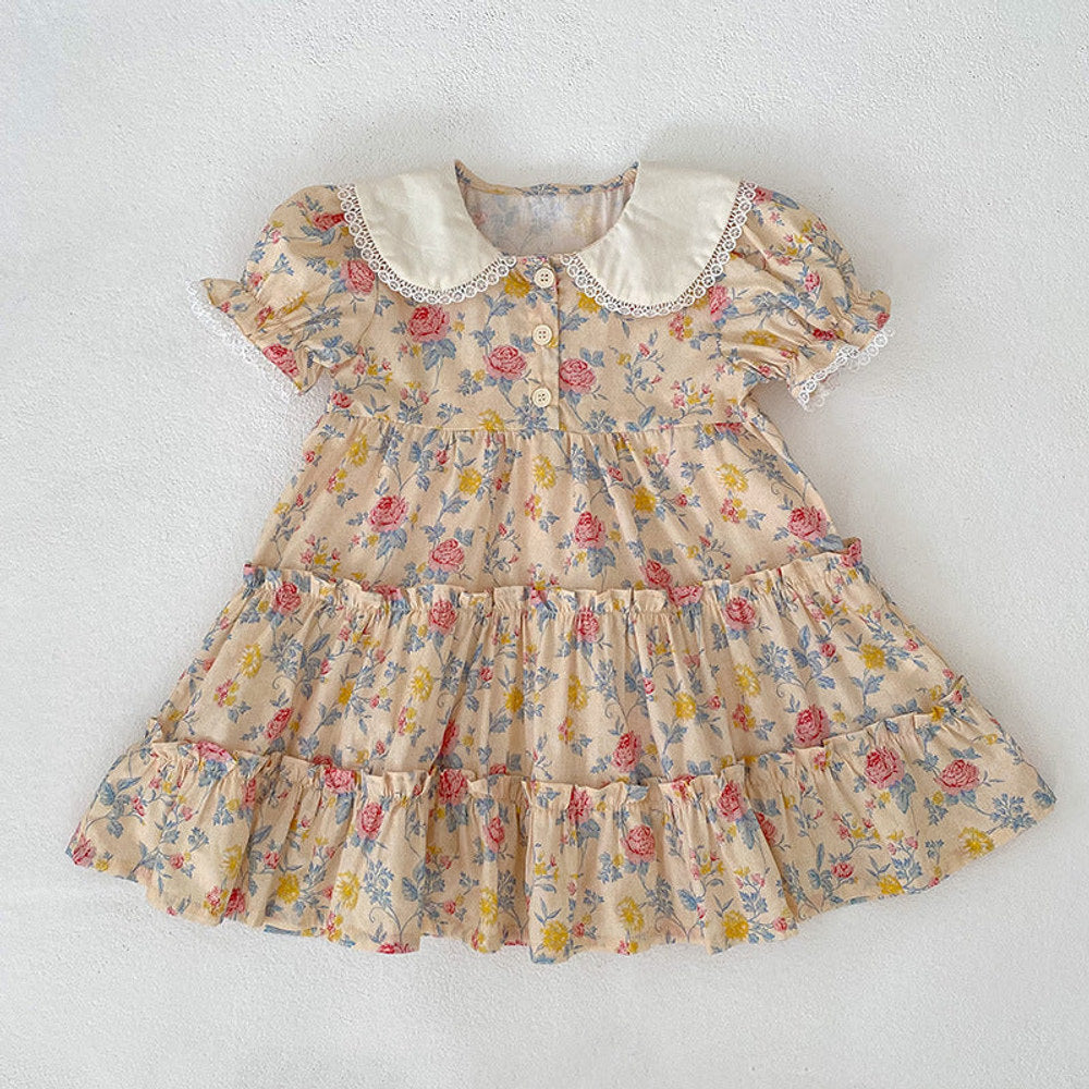 Summer Girls Floral Pattern Lace Trim Collar Onesies and Dress – Princess Sister Matching Set