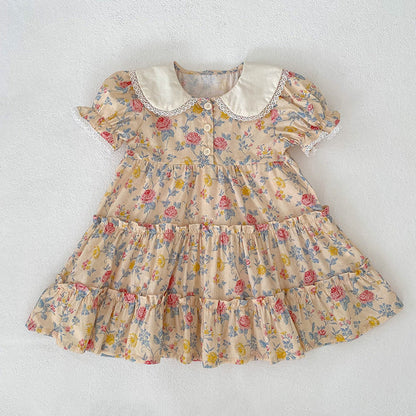 Summer Girls Floral Pattern Lace Trim Collar Onesies and Dress – Princess Sister Matching Set