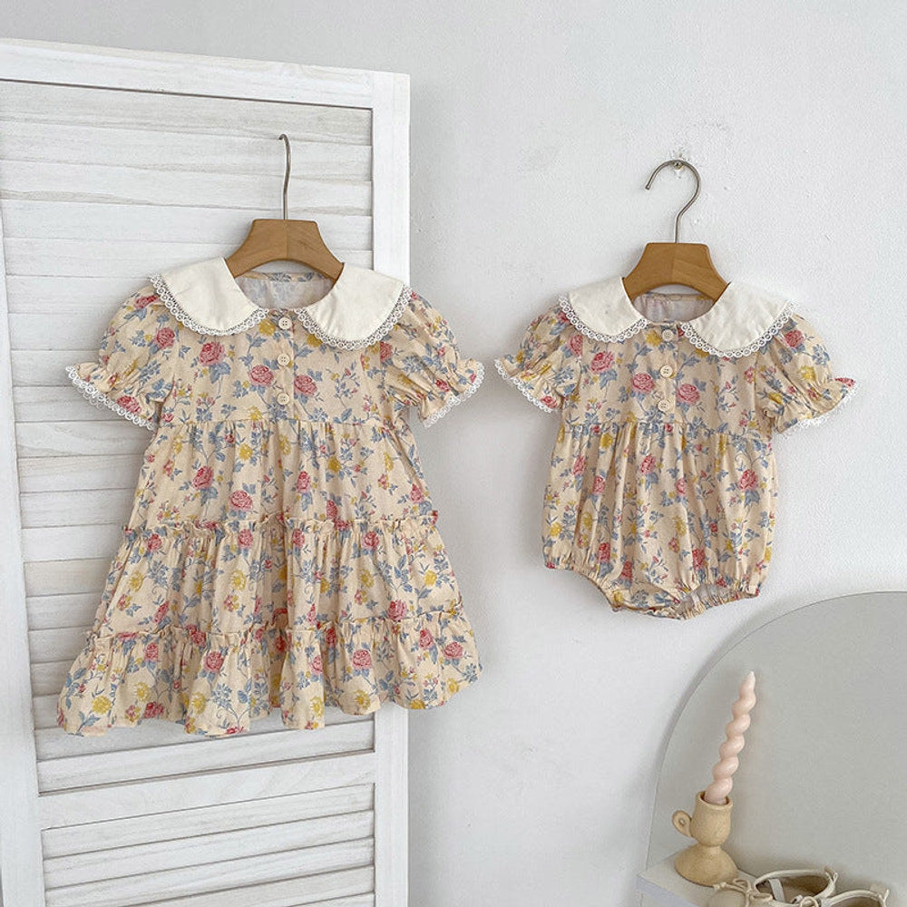 Summer Girls Floral Pattern Lace Trim Collar Onesies and Dress – Princess Sister Matching Set