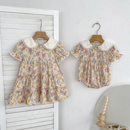 Summer Girls Floral Pattern Lace Trim Collar Onesies and Dress – Princess Sister Matching Set