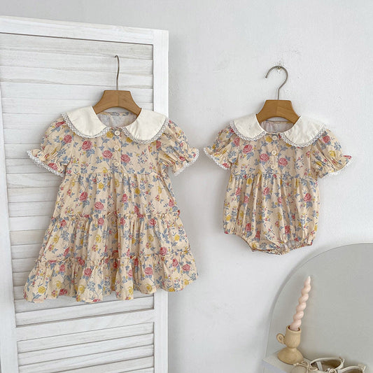 MyKids-USA® Girls Floral Pattern Lace Trim Collar Onesies and Dress – Princess Sister Matching Set