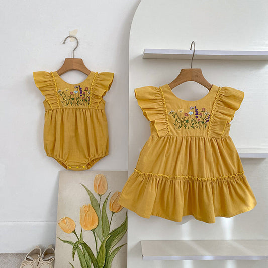 MyKids-USA® Girls Flowers Embroidered Pattern Onesies and Dress – Princess Sister Matching Set