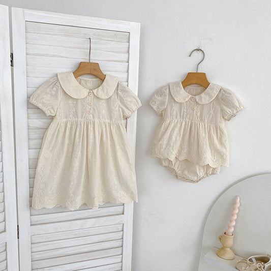 MyKids-USA® Girls Flowers Embroidered Pattern Onesies and Dress – Princess Sister Matching Set