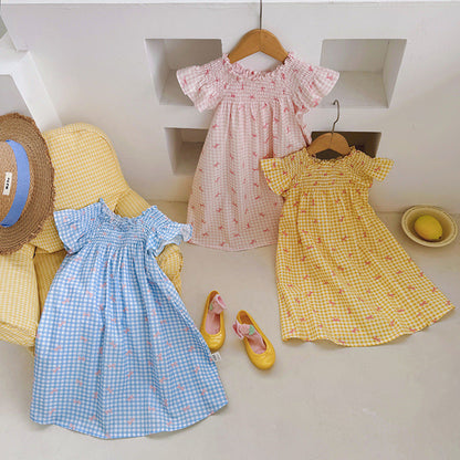 MyKids-USA® Baby Girls Fly Sleeves Butterfly-bows and Plaid Pattern Dress